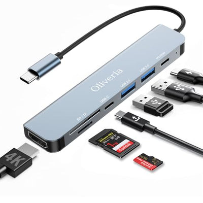 Hub USB C, adaptateur multiport 7 en 1 avec USB C vers HDMI 4K, lecteur de carte SD & TF, ports USB 3.0 et USB 2.0, 100 W, PD, hub USB de type C pour MacBook Air/Pro, Galaxy, iPad, Surface Book,